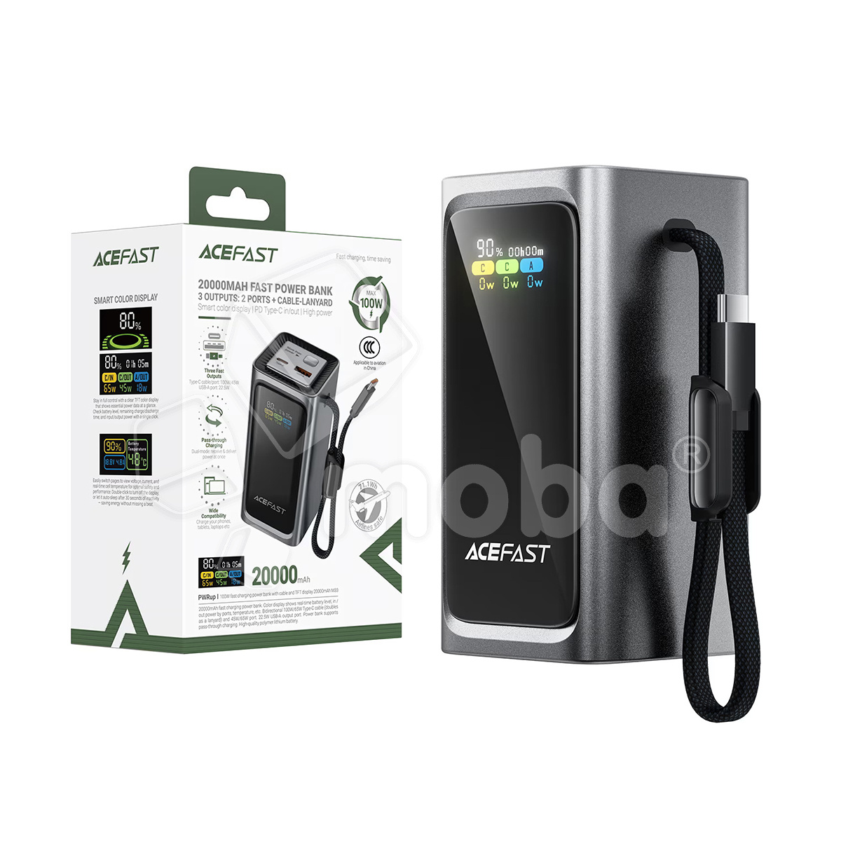 Внешний Аккумулятор (Power Bank) Acefast M33 20000 mAh (100W, PD, Type-C, встроенный кабель Type-C, LED дисплей) Серый
